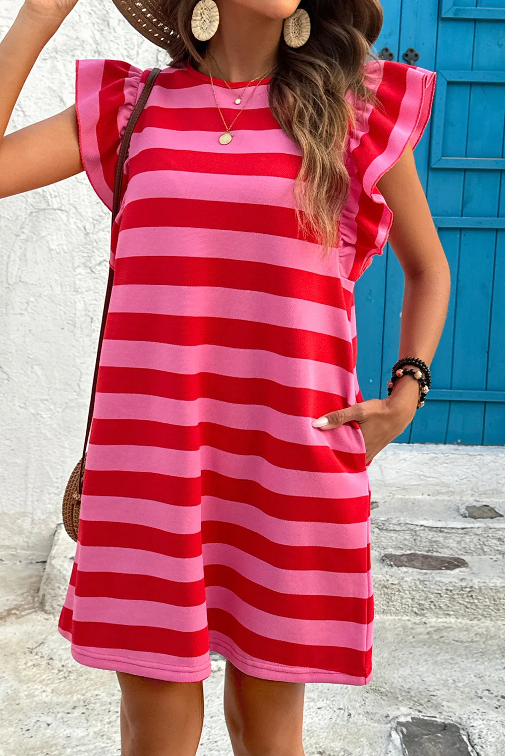 Logan, Red Stripe Flutter Sleeve Round Neck Shift Mini Dress