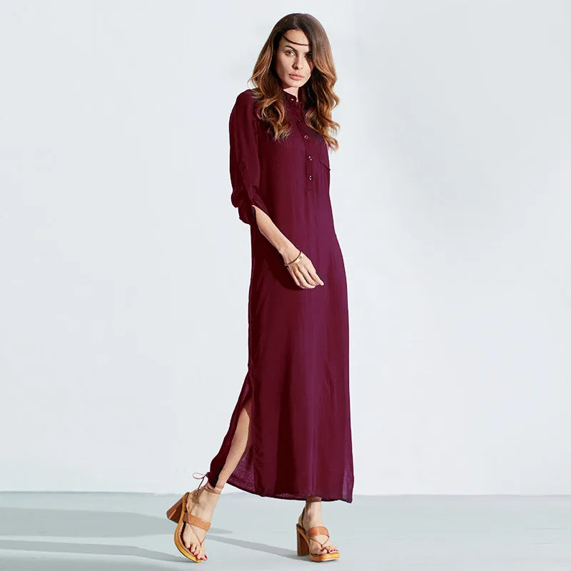 Long Sleeve Deep V Neck Split Solid Long Maxi Dress Multiple Colors