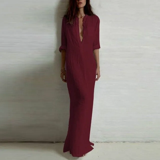 Long Sleeve Deep V Neck Split Solid Long Maxi Dress Multiple Colors