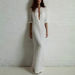 Long Sleeve Deep V Neck Split Solid Long Maxi Dress Multiple Colors