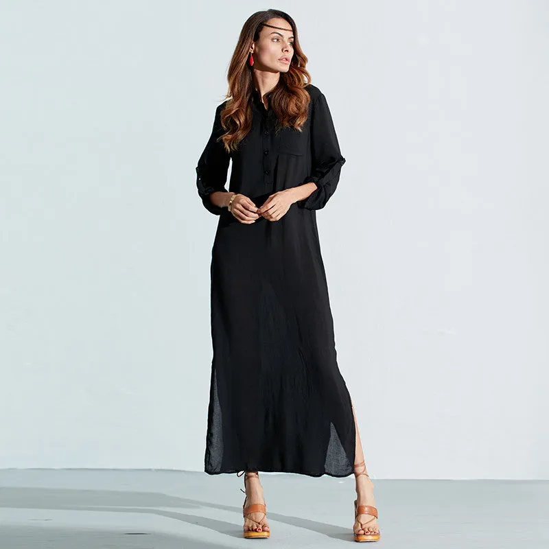 Long Sleeve Deep V Neck Split Solid Long Maxi Dress Multiple Colors