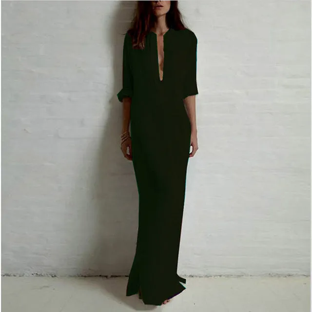 Long Sleeve Deep V Neck Split Solid Long Maxi Dress Multiple Colors