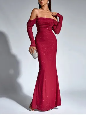 Long Sleeve Sequin Ruched Mesh Maxi Dress