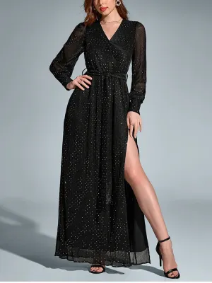 Long Sleeve Sequin V-Neck Tie-Up Side Split Dress