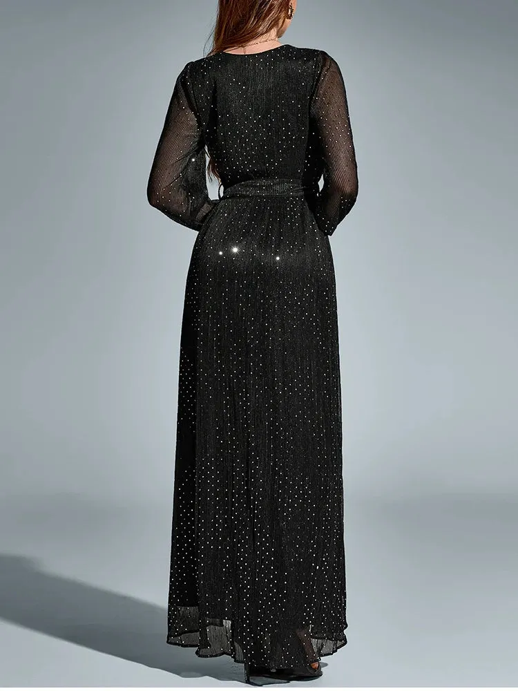 Long Sleeve Sequin V-Neck Tie-Up Side Split Dress