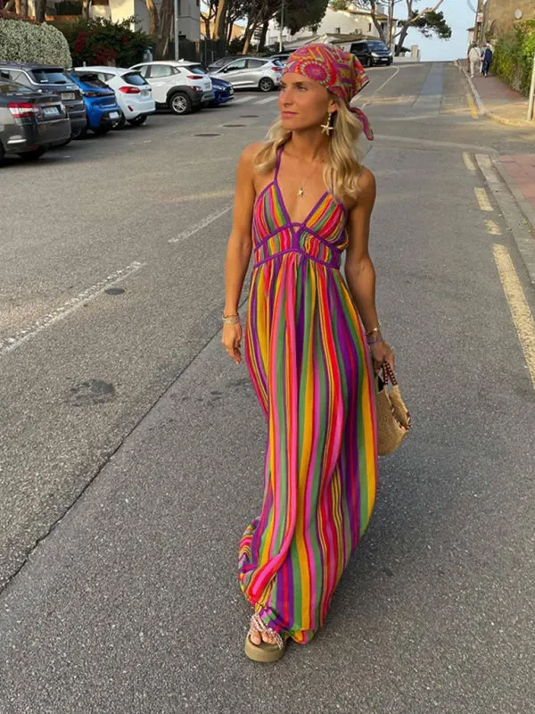 Maxi Beach Dress with Striped Print and V-Neck Design