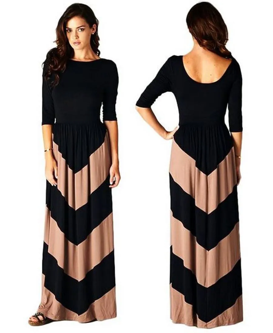 Maxi Dress with Sleeves Chevron Striped Black Mocha