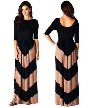 Maxi Dress with Sleeves Chevron Striped Black Mocha