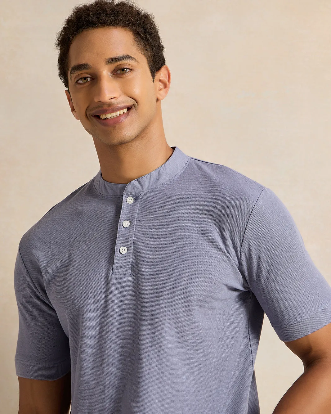 Men Purple Henley Polo Shirt