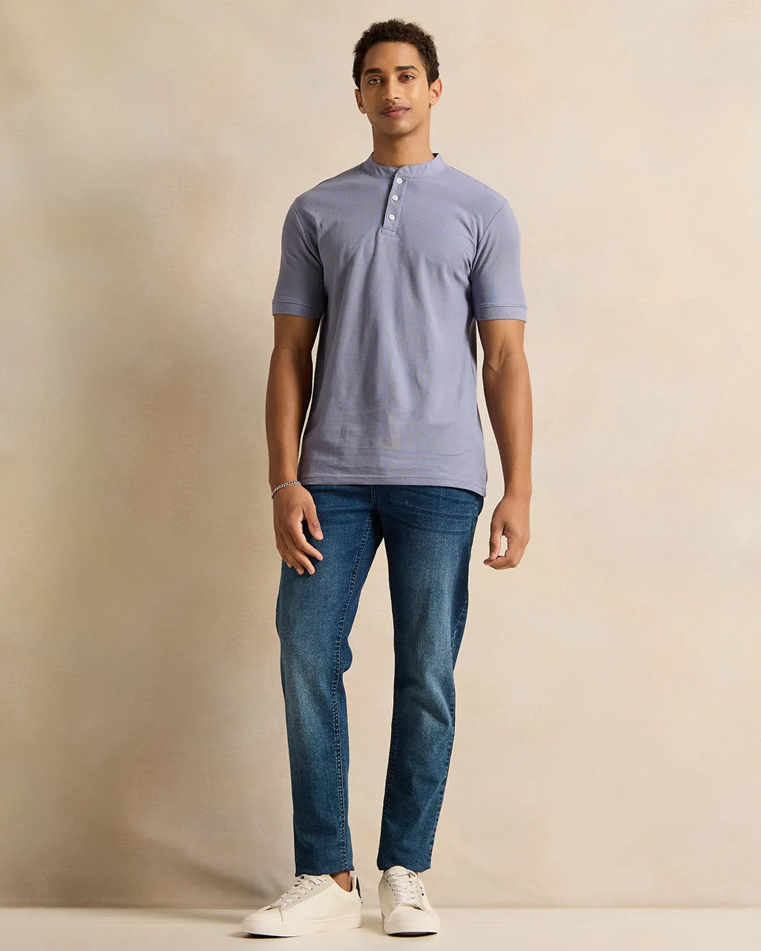 Men Purple Henley Polo Shirt