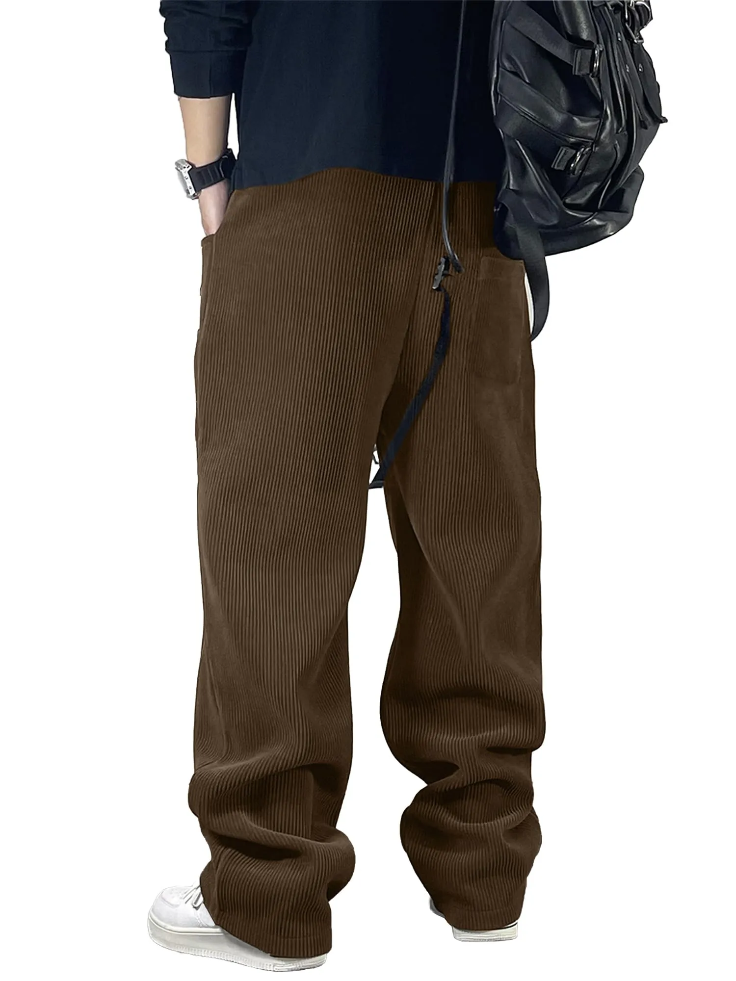 Men's Loose Corduroy Pants with Drawstring and Elastic Waist