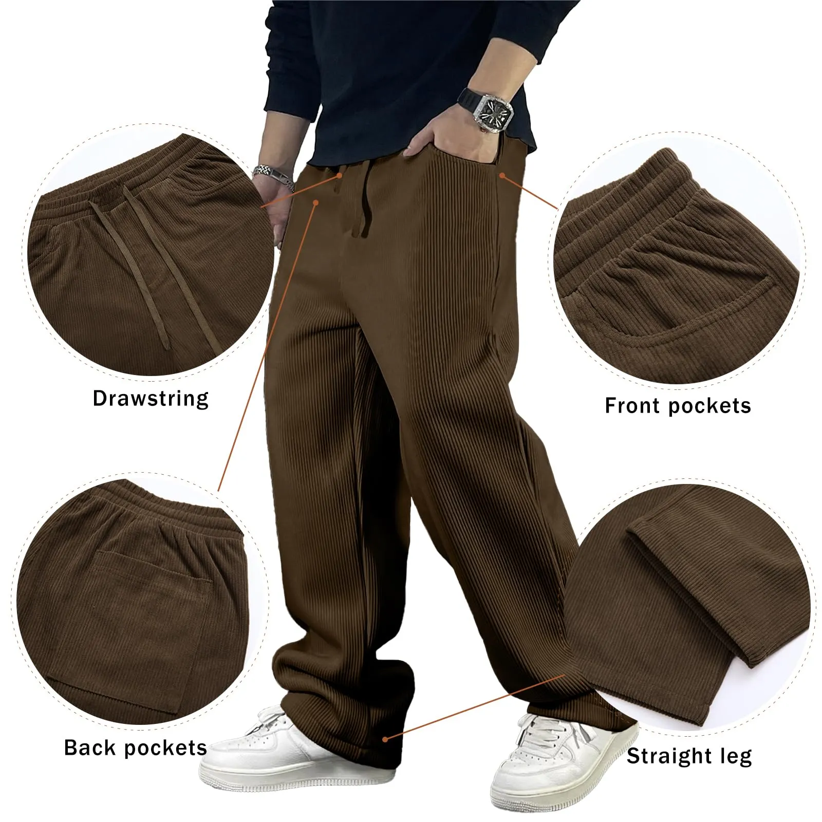 Men's Loose Corduroy Pants with Drawstring and Elastic Waist