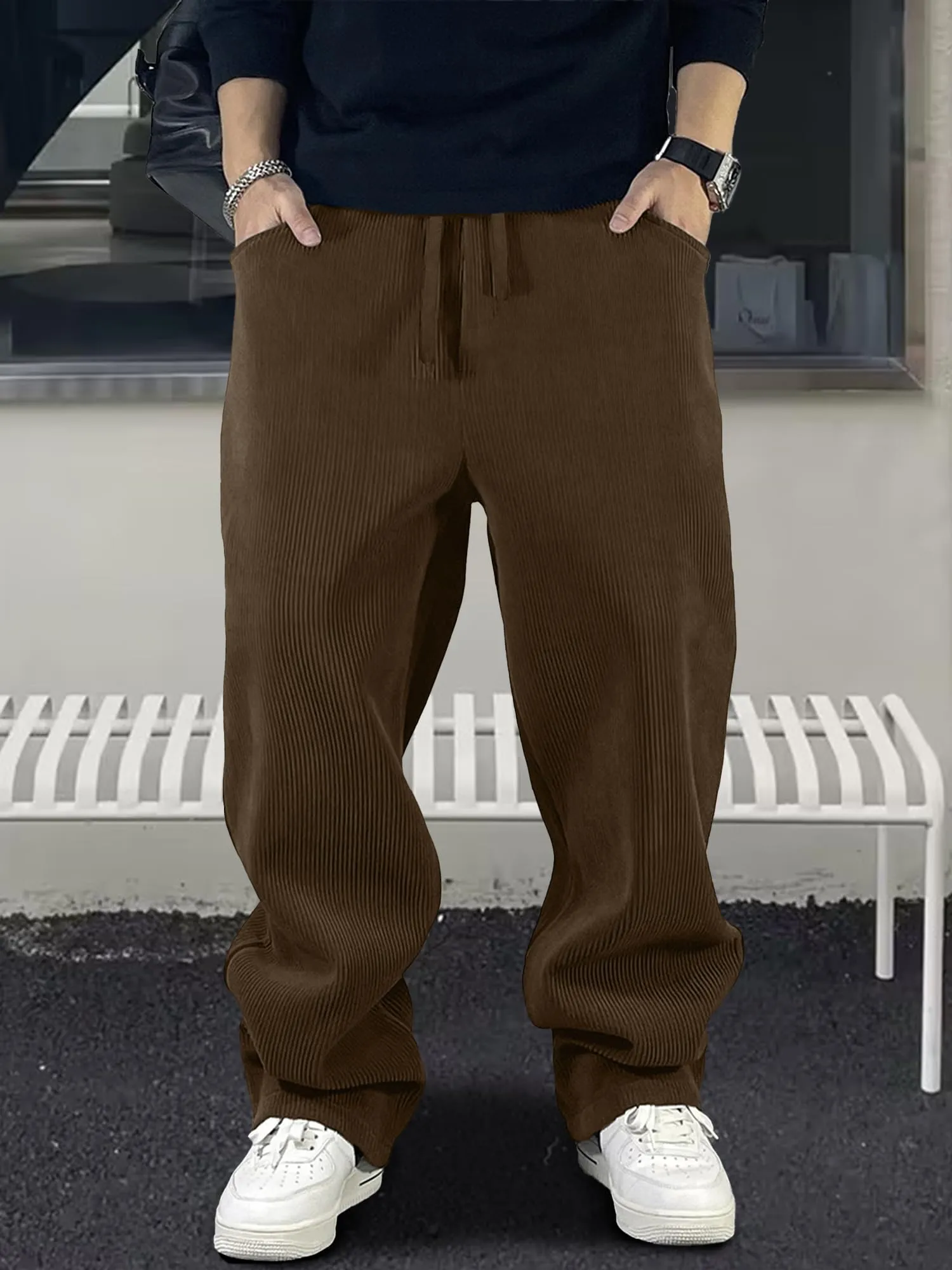 Men's Loose Corduroy Pants with Drawstring and Elastic Waist