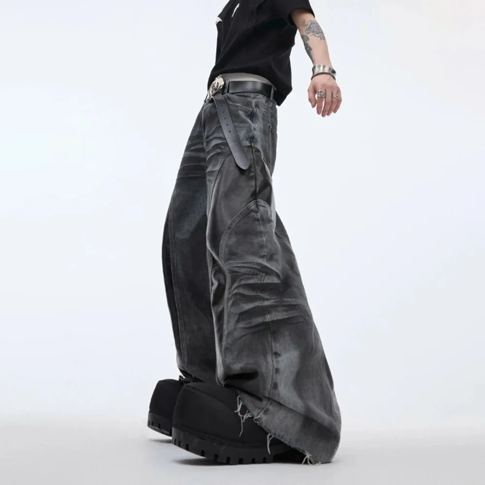 Men's PU Leather Stitching Jeans – Whisker Washed Wilderness Style Streetwear Pants