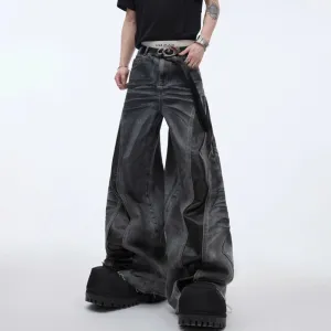 Men's PU Leather Stitching Jeans – Whisker Washed Wilderness Style Streetwear Pants