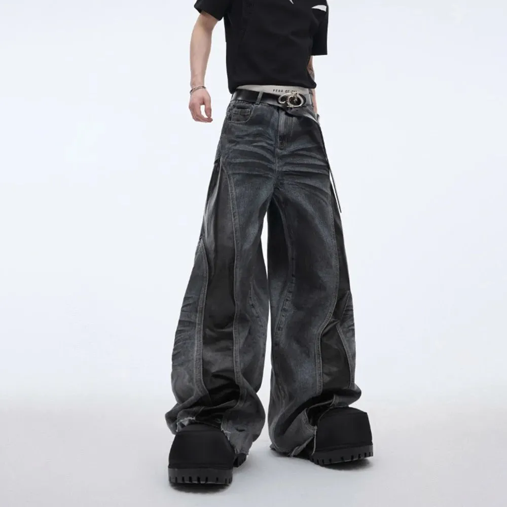 Men's PU Leather Stitching Jeans – Whisker Washed Wilderness Style Streetwear Pants
