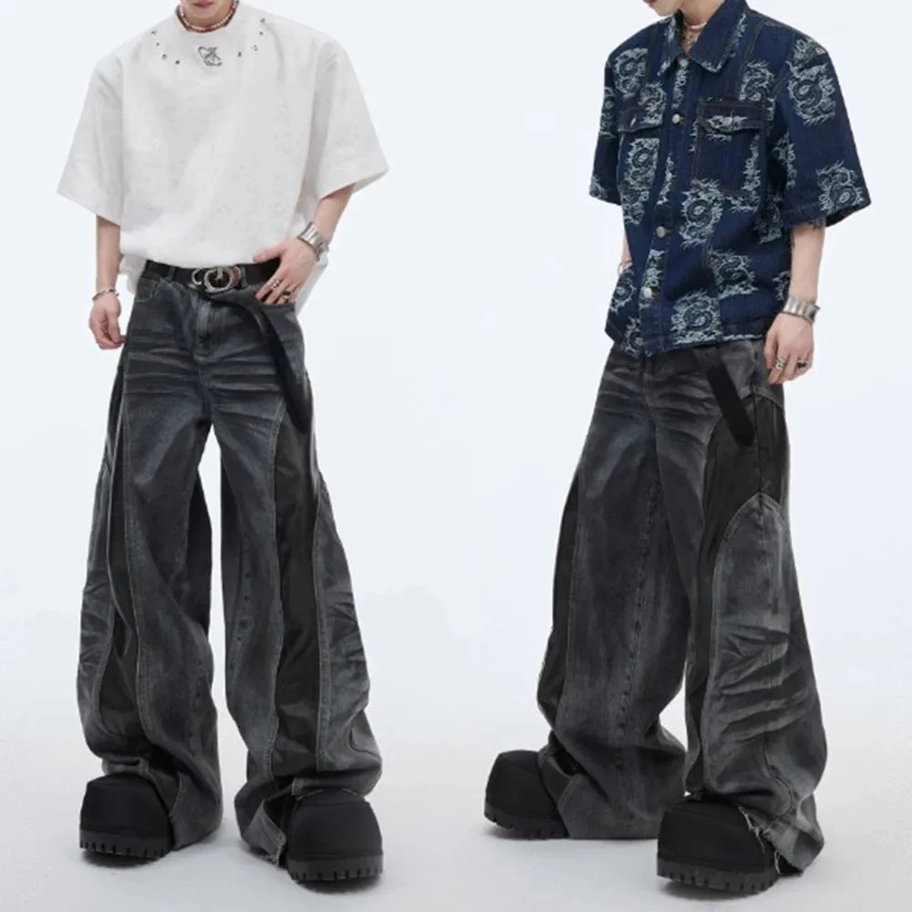 Men's PU Leather Stitching Jeans – Whisker Washed Wilderness Style Streetwear Pants