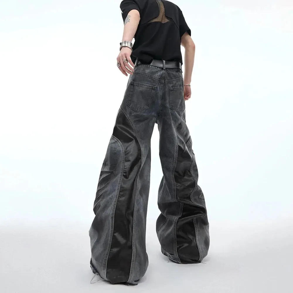 Men's PU Leather Stitching Jeans – Whisker Washed Wilderness Style Streetwear Pants