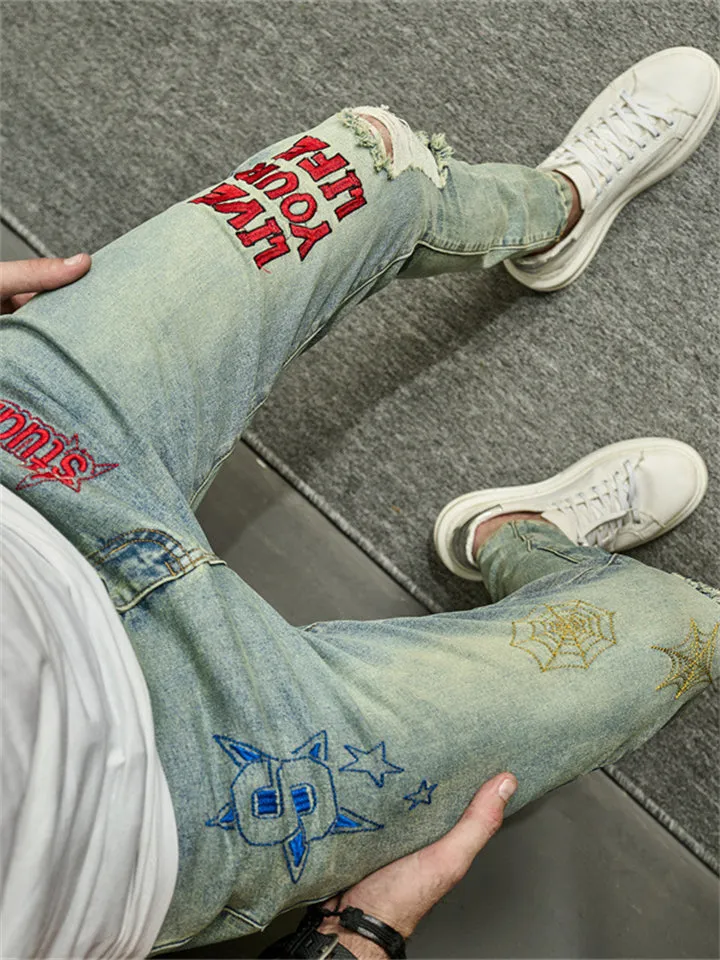 Men's Retro Letter Spider Web Embroidered Blue Jeans