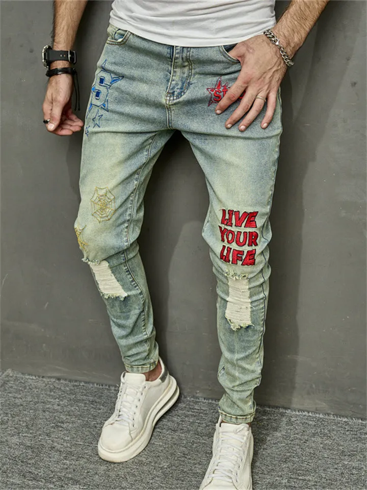 Men's Retro Letter Spider Web Embroidered Blue Jeans