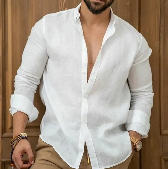 Men's Solid Color Long Sleeve Linen Shirt