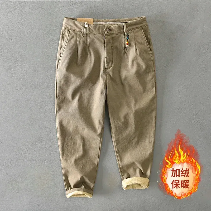 Men's Winter Solid Loose Casual Safari Pants - Cotton Flannel with Multiple Pockets in Khaki and Army Green