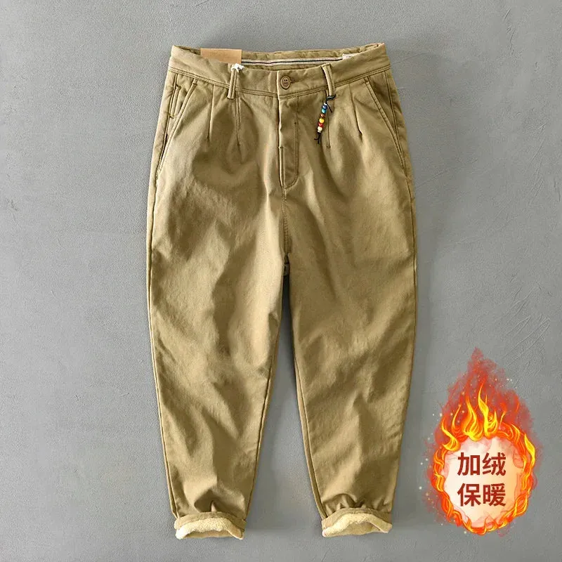 Men's Winter Solid Loose Casual Safari Pants - Cotton Flannel with Multiple Pockets in Khaki and Army Green
