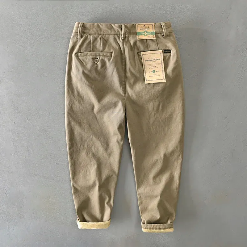 Men's Winter Solid Loose Casual Safari Pants - Cotton Flannel with Multiple Pockets in Khaki and Army Green