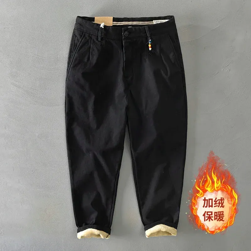 Men's Winter Solid Loose Casual Safari Pants - Cotton Flannel with Multiple Pockets in Khaki and Army Green
