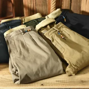 Men's Winter Solid Loose Casual Safari Pants - Cotton Flannel with Multiple Pockets in Khaki and Army Green