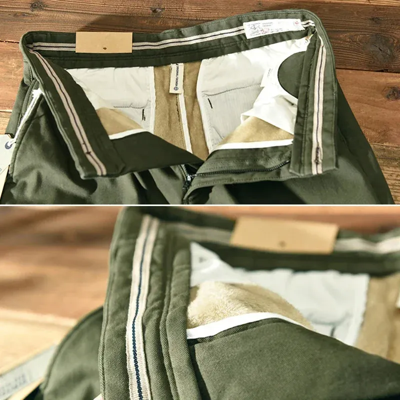 Men's Winter Solid Loose Casual Safari Pants - Cotton Flannel with Multiple Pockets in Khaki and Army Green