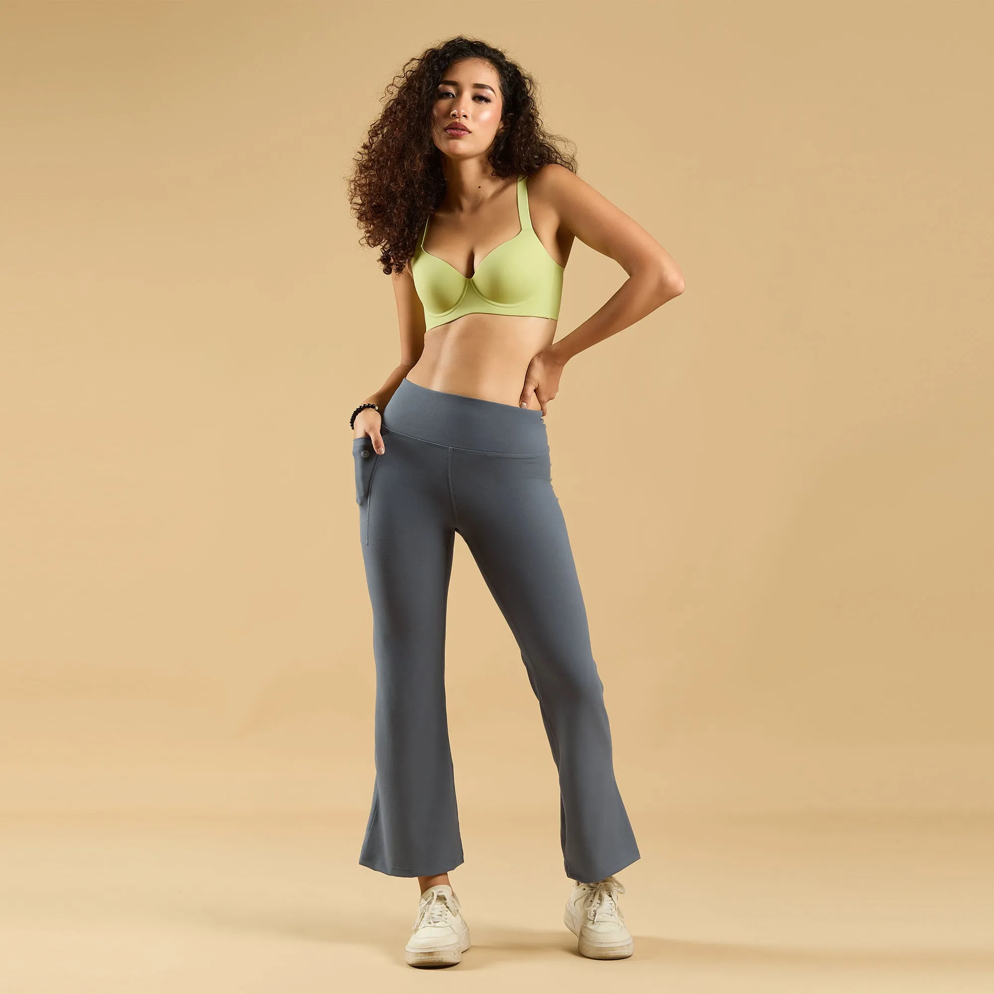 Mid-Rise Fit & Flared Pants with 4-Way Stretch & Compression Waistband