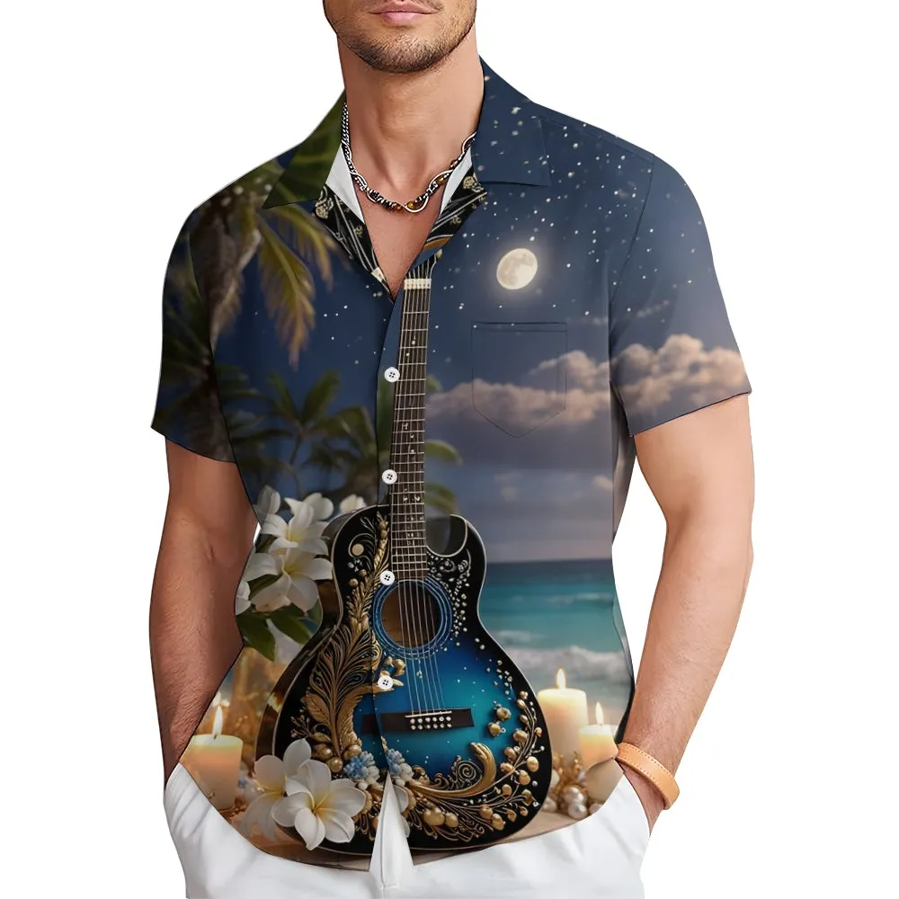 Moonlight Guitar And Candle Print Short Sleeve Shirt 2501001478