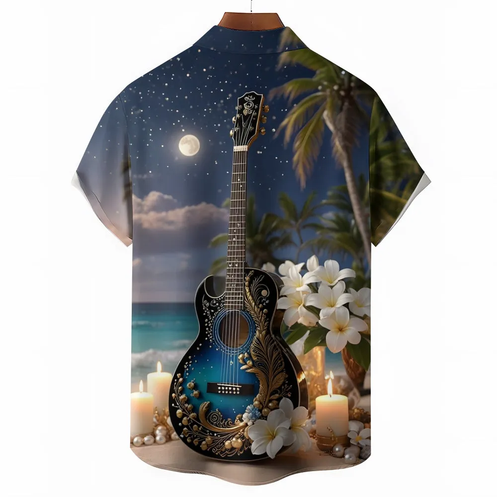Moonlight Guitar And Candle Print Short Sleeve Shirt 2501001478
