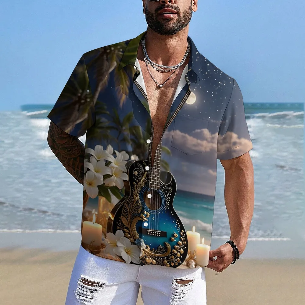 Moonlight Guitar And Candle Print Short Sleeve Shirt 2501001478