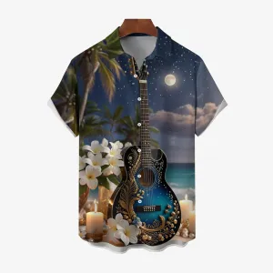 Moonlight Guitar And Candle Print Short Sleeve Shirt 2501001478