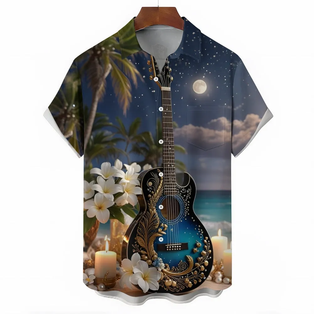 Moonlight Guitar And Candle Print Short Sleeve Shirt 2501001478