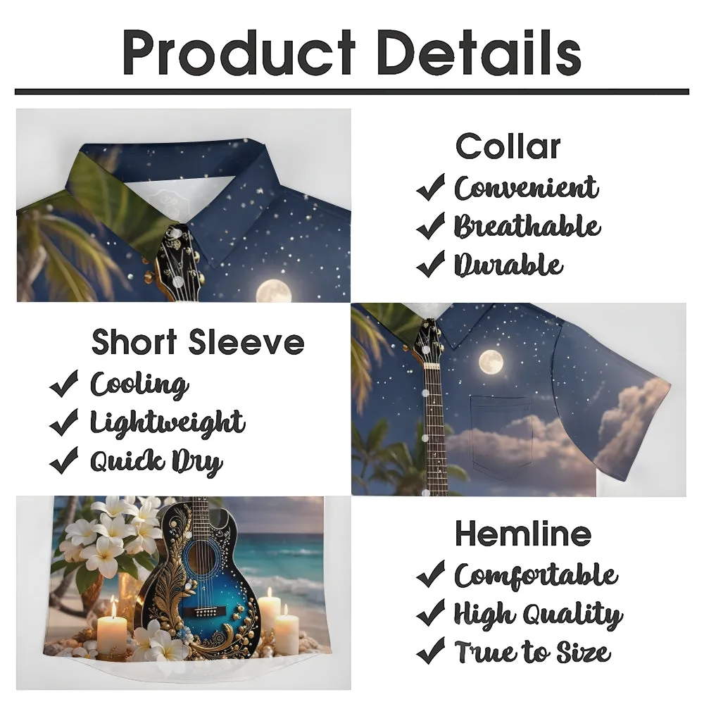 Moonlight Guitar And Candle Print Short Sleeve Shirt 2501001478