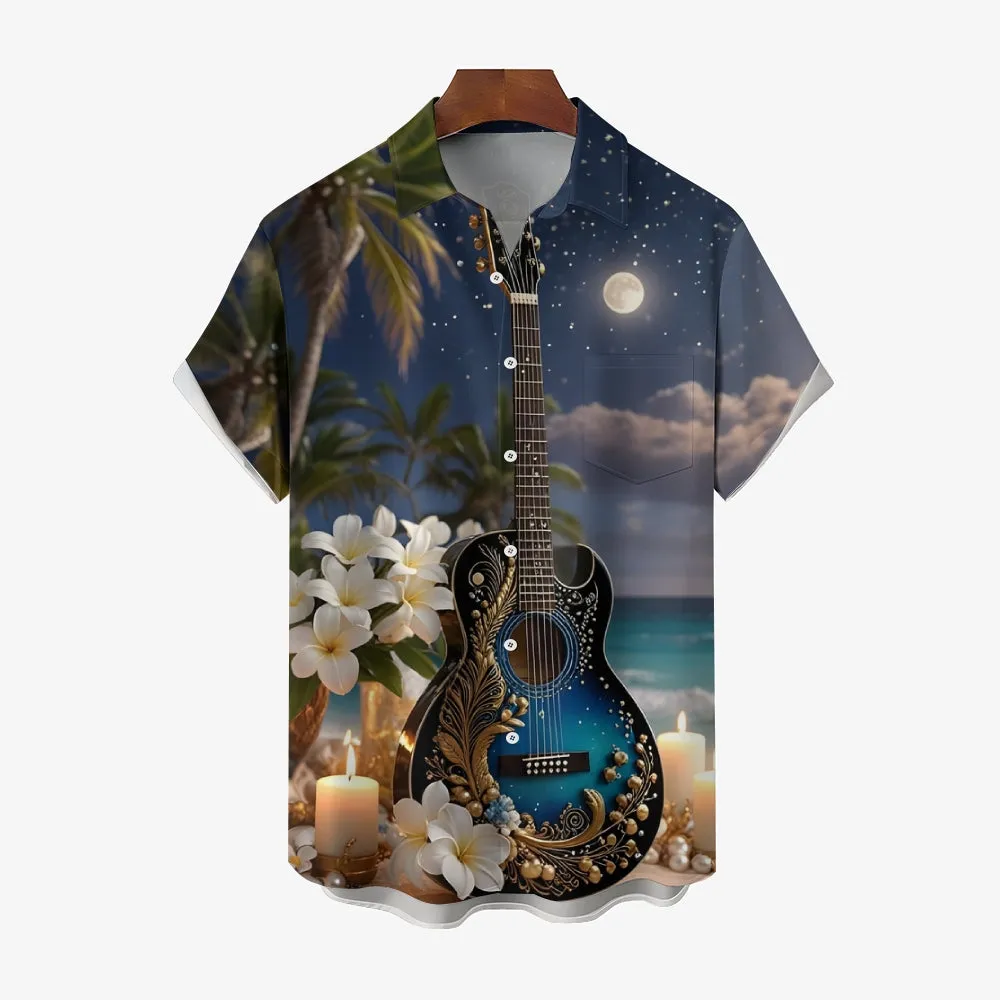 Moonlight Guitar And Candle Print Short Sleeve Shirt 2501001478
