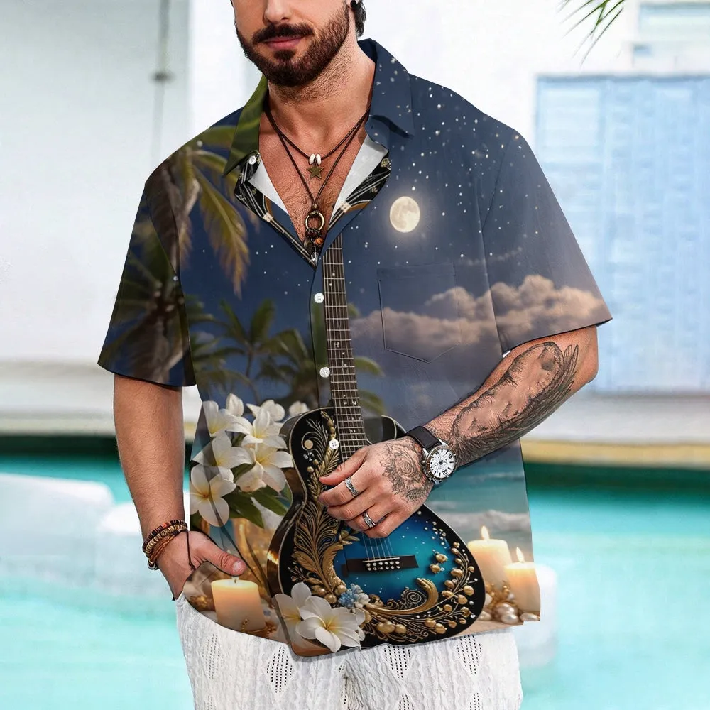 Moonlight Guitar And Candle Print Short Sleeve Shirt 2501001478