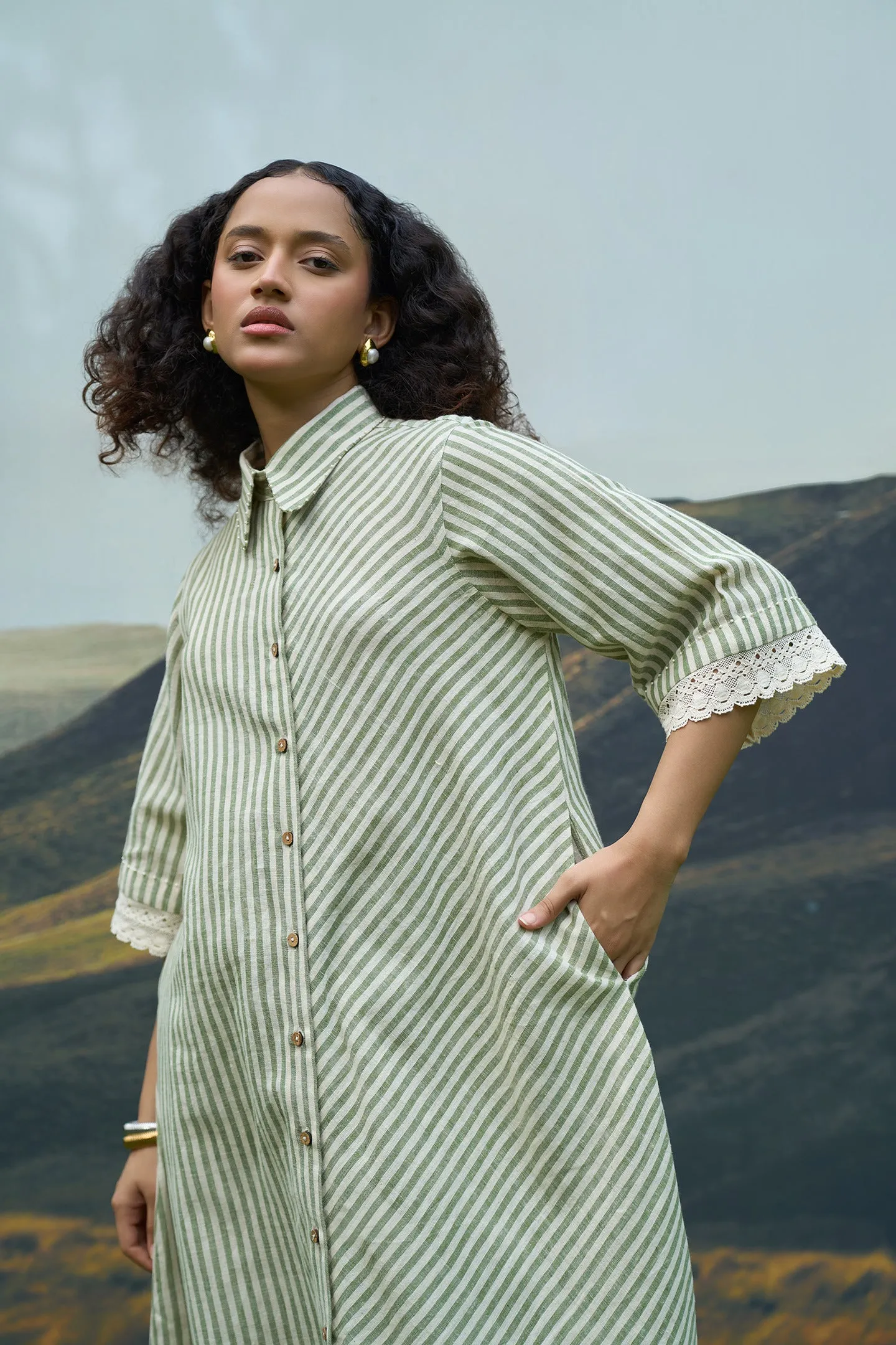 Moss Striped Tent Shirt Dress