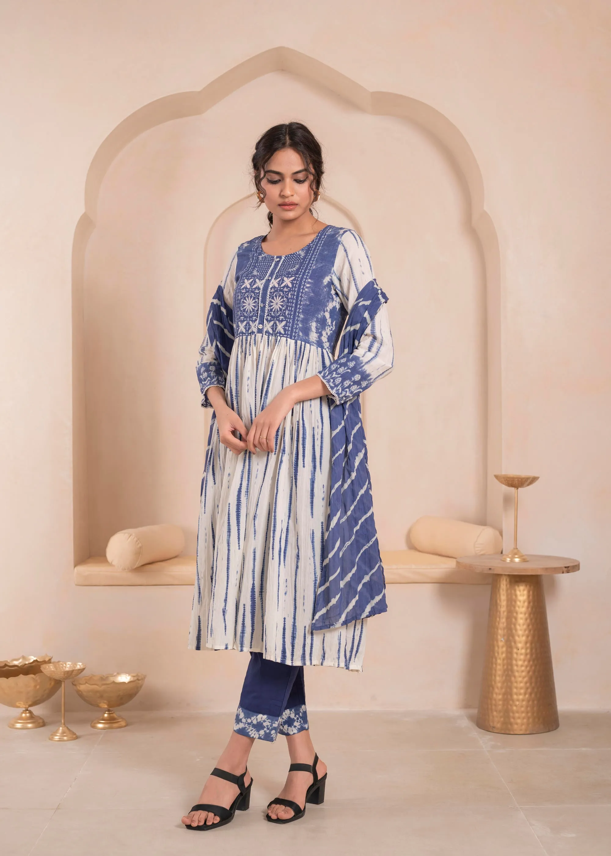 Navy blue and white kurta , solid bottom and tie -dye dupatta with cotton lace , buttons , sequince