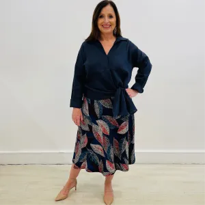 Navy Long Sleeve Linen Side Tie Top