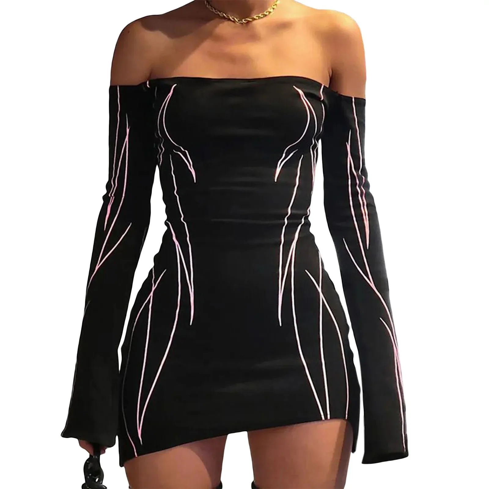 Off Shoulder Striped Knit Mini Dress