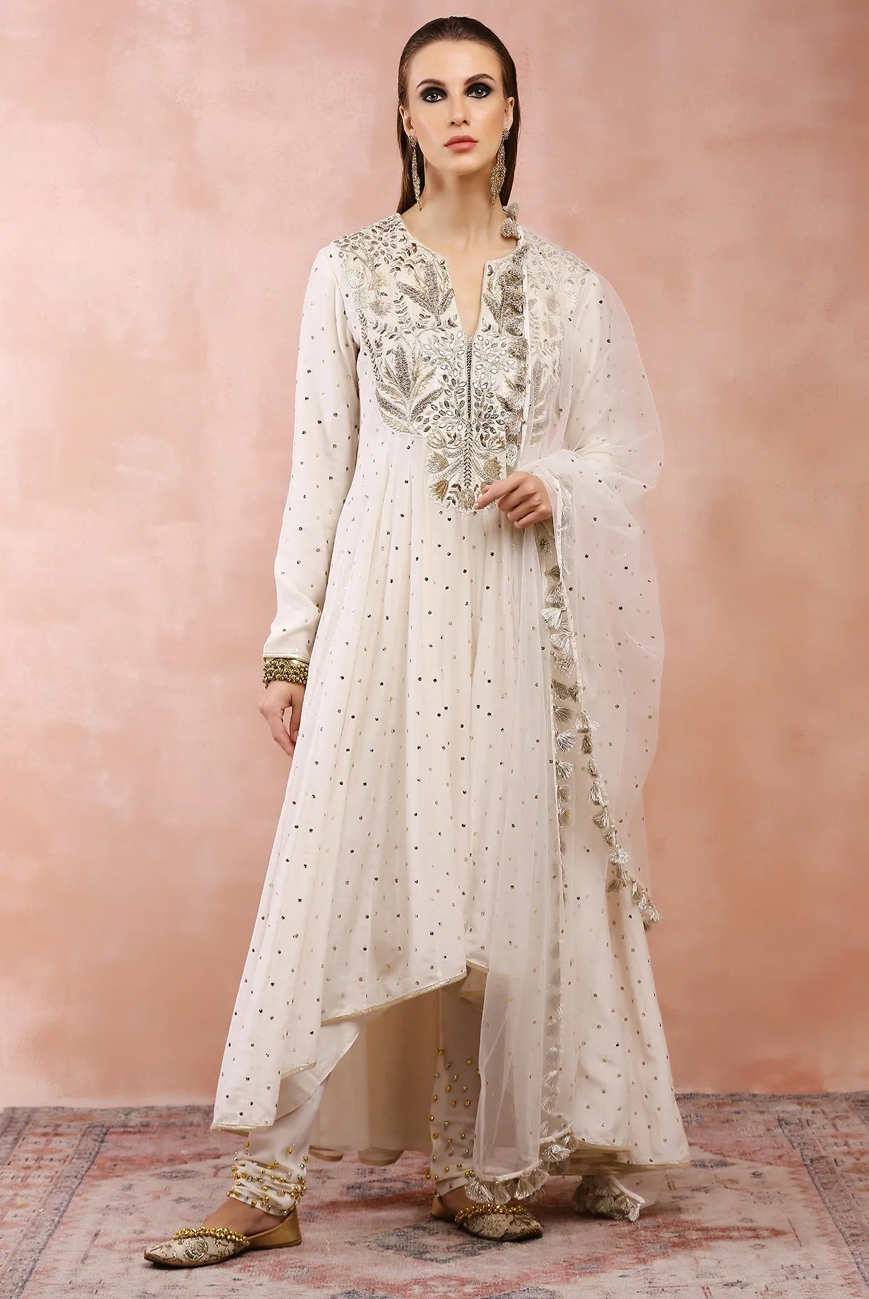 OFF WHITE BAGH EMBROIDERED ANARKALI WITH CHURIDAR AND DUPATTA