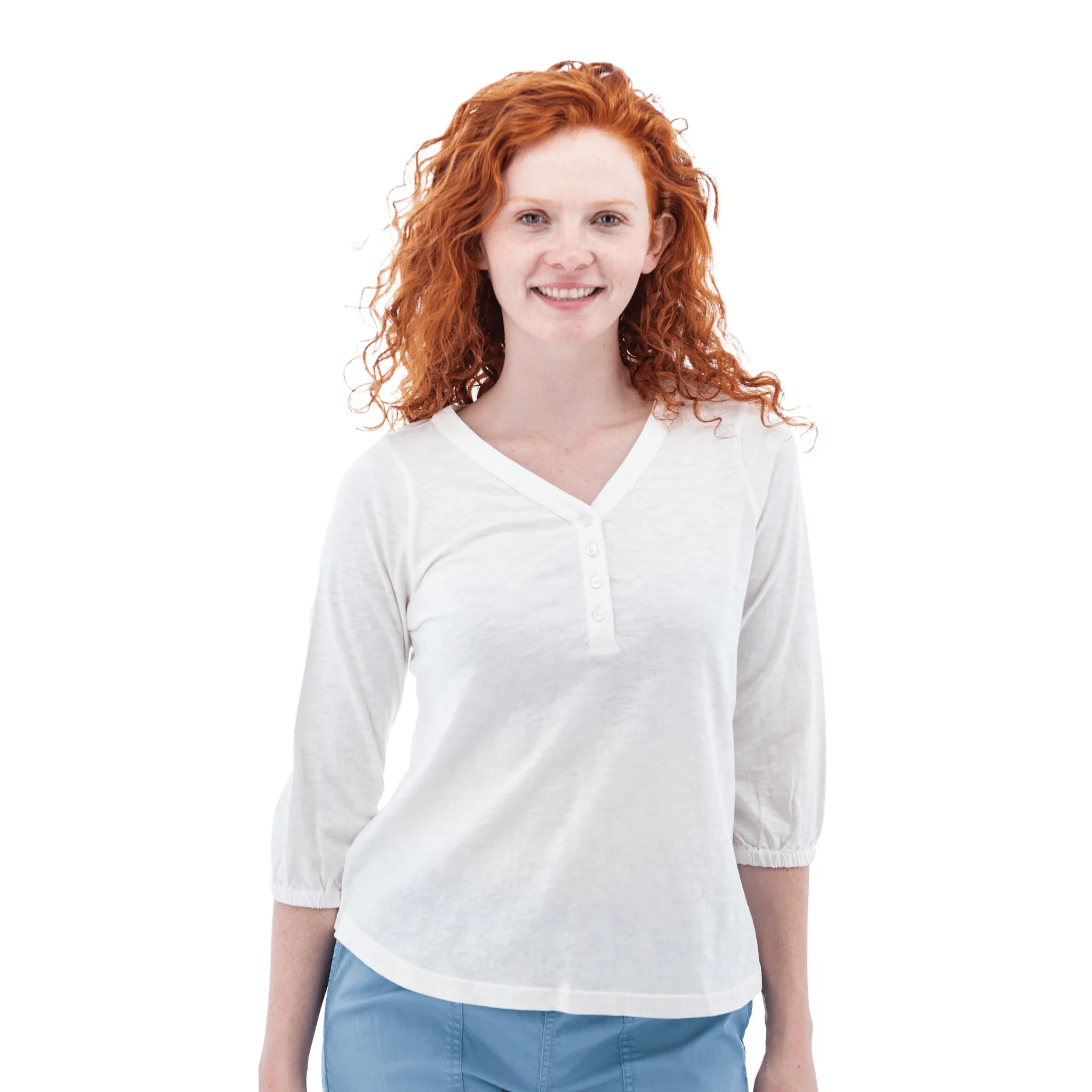 Old Ranch Women's Este Organic Cotton V Neck Henley Top - White