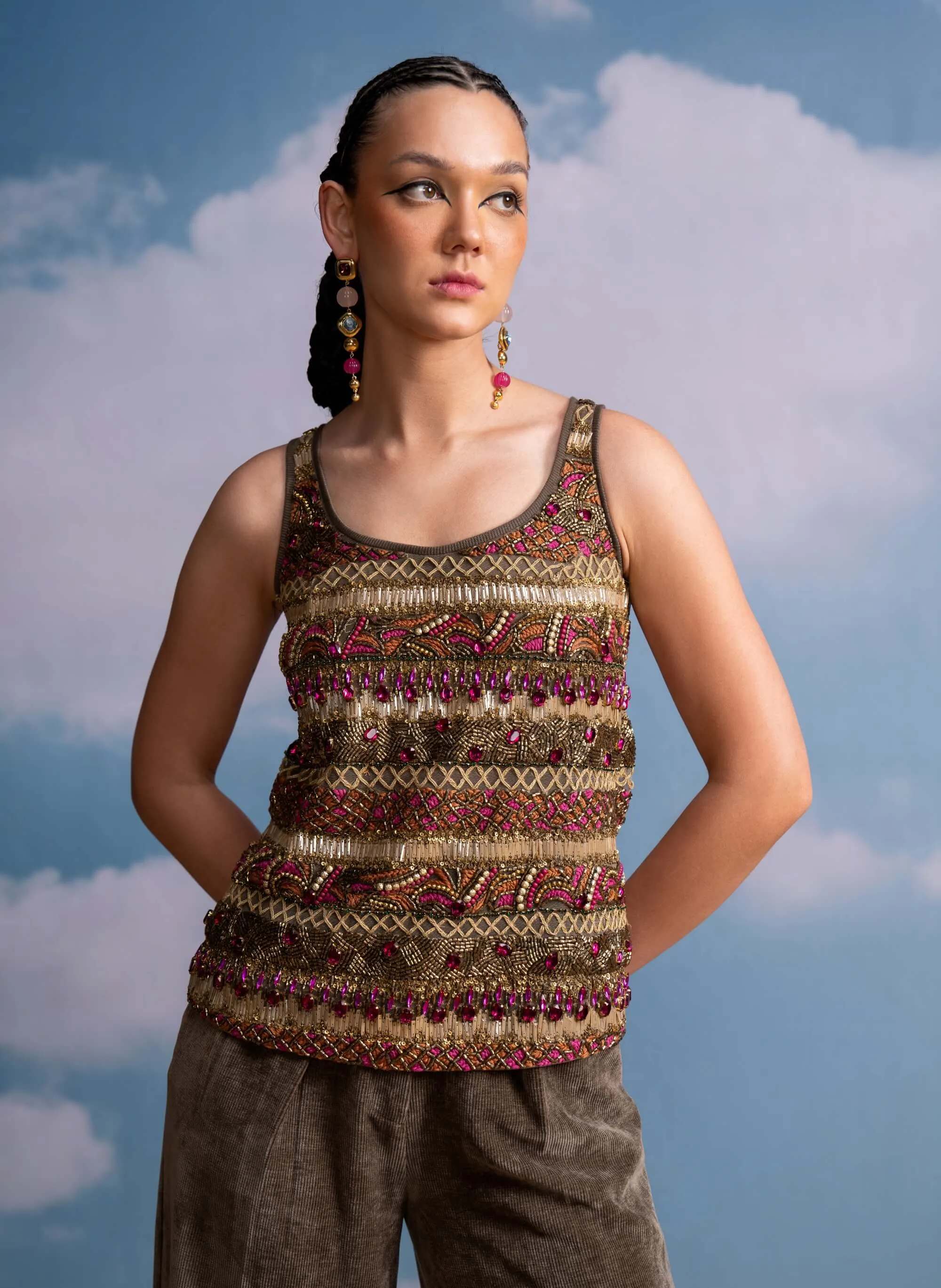 Olive beaded embroidered top and pants