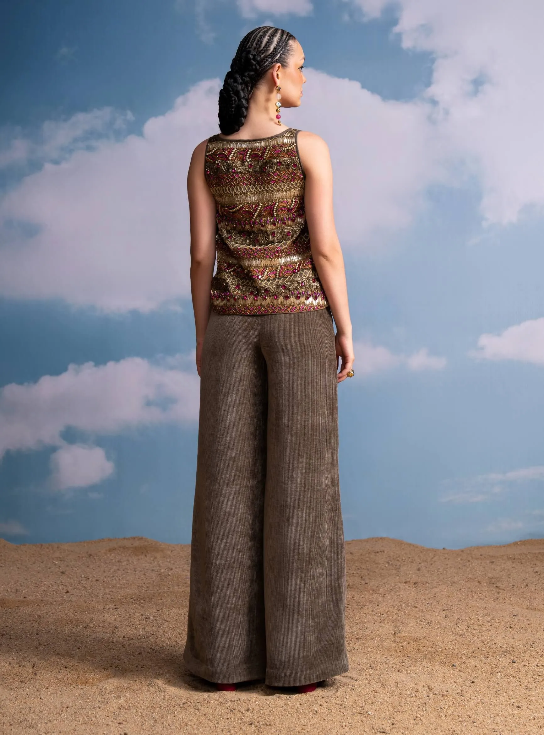 Olive beaded embroidered top and pants
