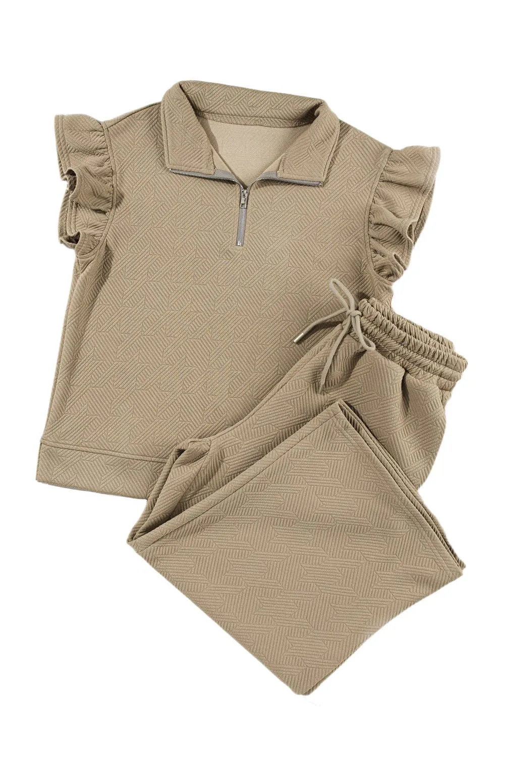 On The Go Pale Khaki Flutter Sleeve Top and Pants Set