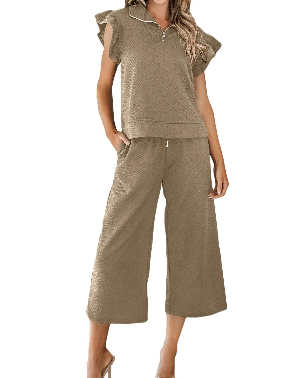 On The Go Pale Khaki Flutter Sleeve Top and Pants Set